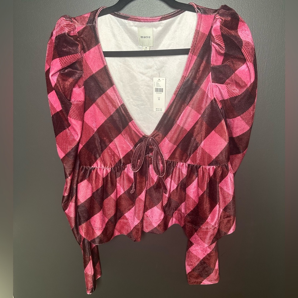 Anthropologie | Maeve‎ Pink and Brown Checkered Blouse Puff Shoulder | NWT | Med